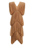 Sexy V Neck Tiered Folds Design Long Dress Women Sleeveless Multi-Layered Draped Temperament Dresses Evening Party Gowns
