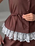 Detachable Lace Trim Vest Wide Leg Pant Set Sleeveless Crew Neck  2026 Autumn City Leisure Lady Women Elegant Minimal  Outfit