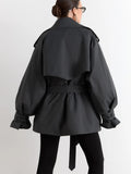 Women's Double Breasted Trench Coat Lapel Waist-Cinching Lace Up Mid Length Windbreaker Jacket Autumn Casual Street Coat
