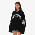 Women's Letter Printing Knit Sweater Fashion O-neck Distressed Hem Oversized Pullover Lady Autumn Casual Streetwear Tops