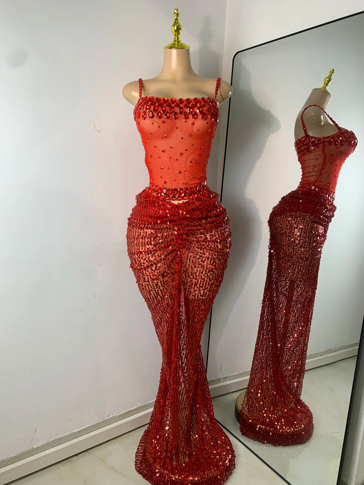 Sparkly Red Rhinestones Sequins Alluring See Through 2 Piece Maxi Dress 2025 Women's Evening Birthday Party Stage Show Outfit