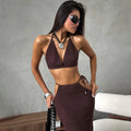 Women 2 Piece Set Sexy Halter Sleeveless Triangle Bra Crop Top Hollow Maxi Skirt Set Slim Knit Summer Beach Vacation Set