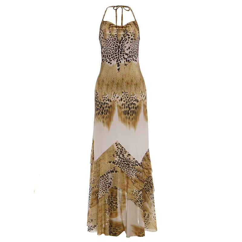Sexy Fashion Long Dress Woman Leopard Print Lace-Up Halter Backless Sleeveless Shape Waist Ruffles Elegant Vestidos