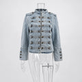 Cropped Denim Jacket Women Stand Collar Bell Sleeves Double Breasted Splicing Retro Fashion Biker-Style Coat Autumn 2026