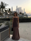 Elegant Women's Strapless Ribbon Long Dress Mesh Maxi Dresses Summer Evening Party Wedding Guest White Yellow Burgundy Brown New