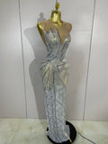 Women Luxury Rhinestone Sleeveless Silver Long Dress Sexy Mesh See Through Evening Prom Birthday Photo Shoot Singer Stage Outfit