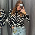 Women Round Neck Zebra Striped Zip‑Up Jacket Long Sleeve Zebra Print Cropped Faux Leather Loose Casual Streetwear Outerwear Coat