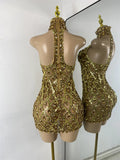 Luxury Sparkly Rhinestone Shining Sequins Women Sexy Transperant High Neck Bodycon Mini Birthday Dress Party Performance Costume