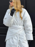 Detachable Triangle Shawl Long Puffer Coat Stand Collar Waist Tie Belt Button Solid Loose Women Coats 2026 Winter Commute Outfit