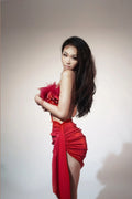 Exquisite Beaded Diamond Feather Tube Top + Miniskirt Red Suit Fashionable Hot Party Stage Performance Dress Vestidos Brillantes