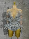 Sexy Madam Sparkling Crystal Bodysuit Long Sleeve See Through Mesh Jumpsuit Evening Party Bar Dancer Stage Wear ForFemale Singer