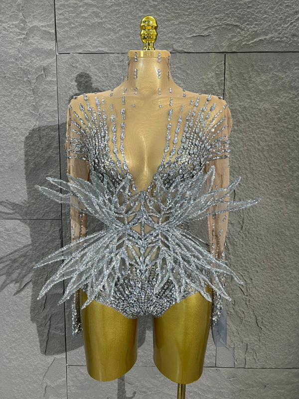 Sexy Madam Sparkling Crystal Bodysuit Long Sleeve See Through Mesh Jumpsuit Evening Party Bar Dancer Stage Wear ForFemale Singer
