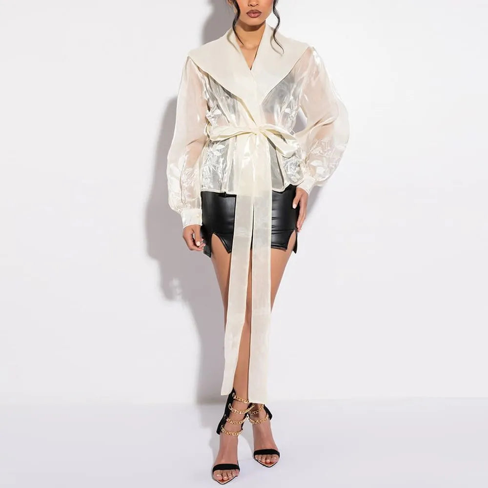Solid Casual Patchwork Lace Up Blouse For Women V Neck Long Sleeve Spliced Mesh Embroidery Blouses Female Fashion