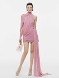 Pink Turtleneck Sleeveless Sexy Mini Dress For Women Fashion Irregular Folds Short Dress Femme Elegant Club Party Dress