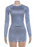 Thread Printing 2-Piece Set Women o-Neck Full Sleeve Crop Tops+Mini Sexy Skirt Simple Skinny Elasticity Streetwear