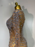 Luxury Rhinestones Mesh Bodycon Long Dress Celebrate Birthday Party Photo Shoot Long Sleeve Performance Costume Stage Outfit