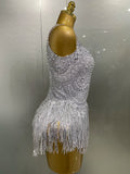 Sparkly Silver Rhinestones Pearl Tassels Bodysuit 2025 New Women Sexy Eveing Birthday Party Nightclub Stage Performance Costume