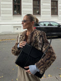Leopard Print Faux Fur Short Jacket For Women Crew Neck Button Front Plush Thick Warm Loose Trendy New Lady Streetwear Outer Top