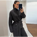 Women Stand Collar Knitted Two Piece Set Belted Long Sleeve Sweater Top Wide Leg Pants 2026 Autumn Winter Casual Knit Outfit