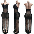 Sexy Cutout Crochet Beach Dress 2026 Summer Women One Shoulder Backless Knitted Sequined Fringe Tassel Midi Dress Clubwear