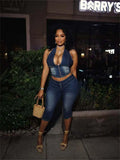 Denim 2 Piece Set Women Summer Halter Wrap Chest Backless Zip Halter Tops+Shorts Matching Hipster Vintage Streetwear