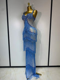 Women Luxury Prom Gowns Sparkly Rhinestones Tassel Mesh Maxi Long Luxury Birthday Celebrity Sexy Evening Club Party Dresses