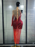 Heavy Red Sparkly Crystal one shoulder Split Dress Sexy mesh see Transparent Birthday party latin outfit Celebrate show Designer