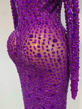 Sparkly Luxury Rhinstones Long Sleeve Elegant Party Dress Women 2025 Performance Stage Outfit Evening Birthday Prom Gown