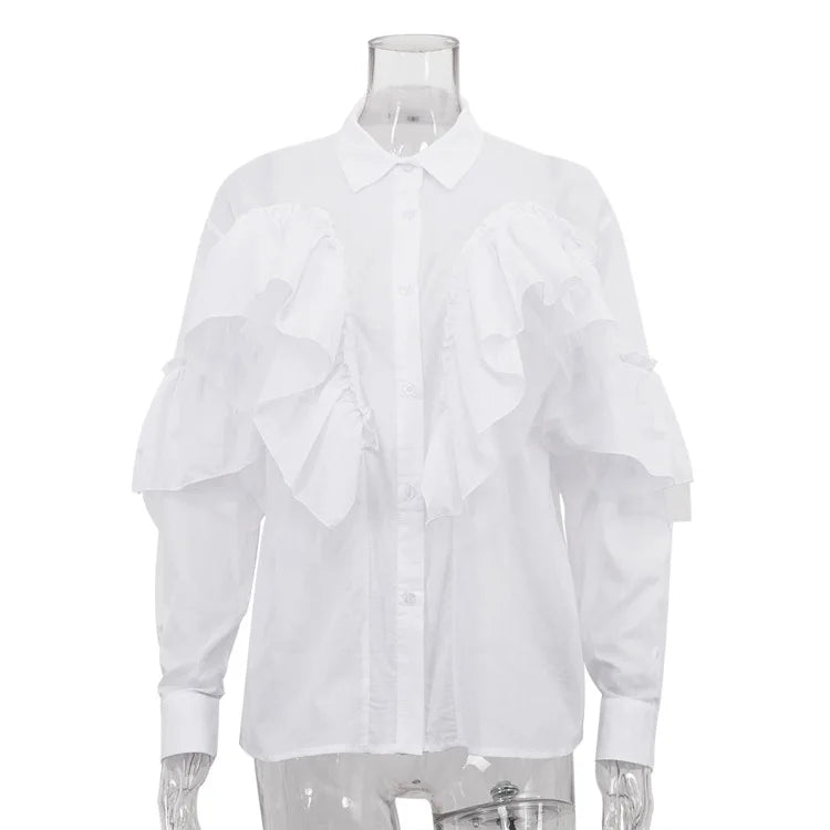 French Office Spliced Ruffled White Shirt for Women Lapel Long Sleeves Temperament Basics Shirts Female Autumn New