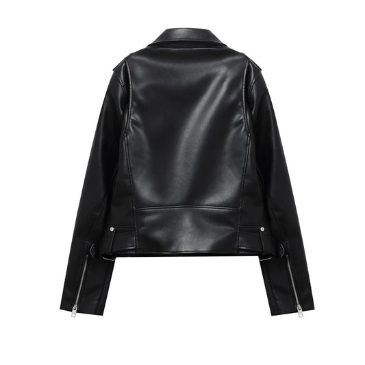 Women's Spring Black faux-leather jacket Casual zipper and belt Cycling jacket Casual jacket jacket