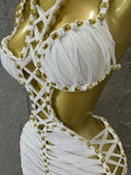Women Sexy Sparkly White Braided Halter Mini Dress Gold Bead Trim Cutout Sides Ideal Beach Parties Vacations Special Occasions