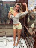 Deep V Neck Sleeve Ruched Cropped Top Wrap Front Slim Stretch s2026 Spring Summer Chic b Lady Women Sexy Minimalist Blaze