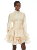 Cream Victorian-inspired Short Dress Women Chic Puff Sleeve Ruched Tiered Waist Cinching Party Dresses 2026 Lady Trendy Vestidos