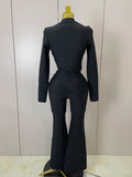 Golden Buttons Short Coat Top And Flare Pants  Bandage 2 Pieces Set Woman Celebrity Evening Party Vestidos