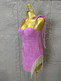 High Quality Women Sexy Strap Purple Cotton Bodycon Mini Dress Diamond Chain Fashion Celebrate Cute Birthday Dress