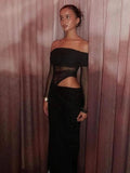 Slash Neck Dress Women Chic Elegant Sexy 2025 Patchwork Mesh Ruched Hollow Birthday Party Clubwear  Vacation Vestidos