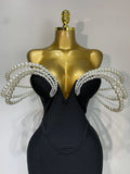 Women Luxury Designer Pearls V Neck Maxi Long Bandage Bodycon Dress Celebrity Evening Party Birthday Gowns Singer Stage Costumes