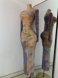 Sexy Colorful Printed Party Dress For Women Long Sleeve Mesh Rhinestones Evening Birthday Celebrity Gala Gown