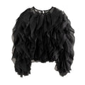 Solid Patchwork Folds Shirts For Women Round Neck Lantern Sleeve Spliced Lace Up Loose Pullover Blouse Female Style