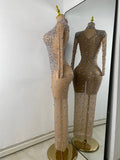 Sparkly Rhinestone Women Sexy Mesh See Through Floor Length Long Sleeve Birthday Dress Party Nightclub Stage Wear