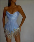 2 Color Super Flash Rhinestone Tassel Glam Tube Top Miniskirt Socialite Birthday Party Banquet Dress Performance Wear Cocktail