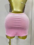 Sexy Sparkly Rhinestones Halter Backless Mesh Velour Short Dress Women Evening Prom Celebrate Birthday Party Stage Wear