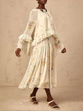 Prairie Chic Two Piece Set for Women V Neck Long Sleeve Patchwork Ruched Top High Waist A Line dress Printed Outfits Female