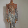 Sparkly Rhinestone Sequins Tassel Sexy Mesh See Through Dress Women Evening Birthday Party Nightclub Dance Singer Stage Outfit