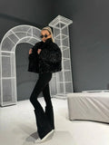 Womens Black Sequin Puffer Coat Zip Up Stand Collar Pockets Warm Jacket Fall Winter Party Club Streetwear Trendy Lady Cozy Wear