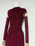 Solid Slim Fit Maxi Dress Elegant O-neck Detachable Long Sleeves Party Dress New Temperament Pleated Women Maxi Dresses