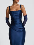 Sexy Satin Evening Long Dresses for Women Square Collar Sleeveless High Waist Folds Slimming Bodycon Dress Female