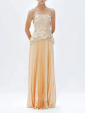 Elegant Two Piece Sets For Women Solid Splicing Embroidered Flower Strapless Top+Pleated Long Skirt Set Female New