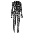 Sexy Jacquard Jumpsuit Women Sexy Mesh Patchwork Low-Neck Hollow Full Sleeve Skinny Midnight Party Clubwear Overalls