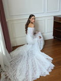 Custom Off Shoulder Long Sleeve Lace Mermaid Wedding Dress Delicate Sweep Train Bridal Gown Formal Wedding Evening Outfit